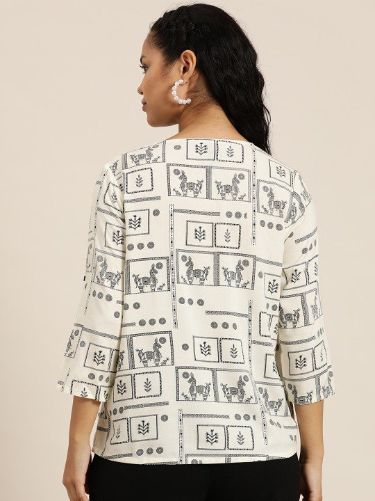 Women's White-Black Printed Short Kurti