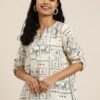 Women's White-Black Printed Short Kurti