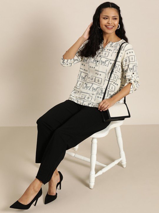 Women's White-Black Printed Short Kurti