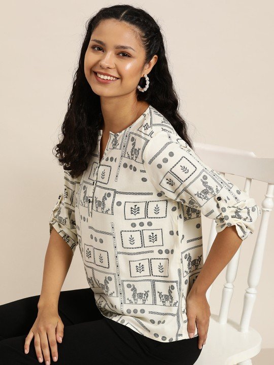 Women's White-Black Printed Short Kurti