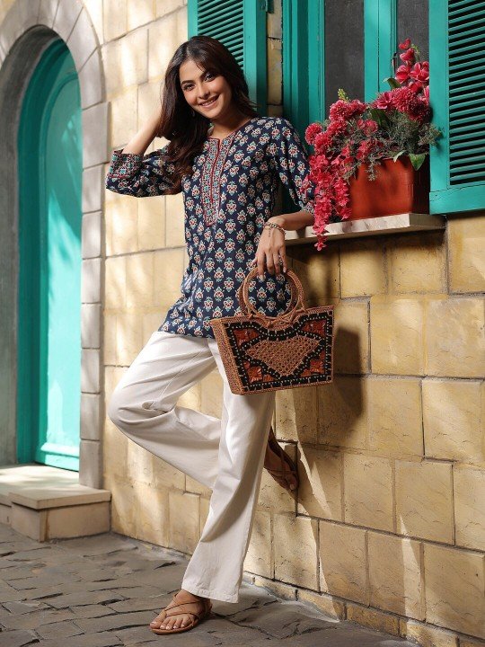 Women's Blue Printed Short Kurti